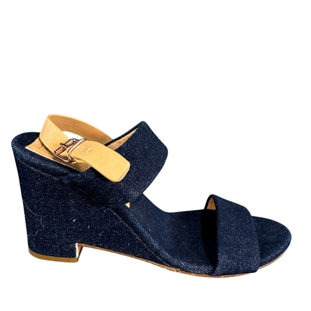 Veronique Branquinho Denim Wedge Sandals Tan Leather Strap Made in Italy Size 39